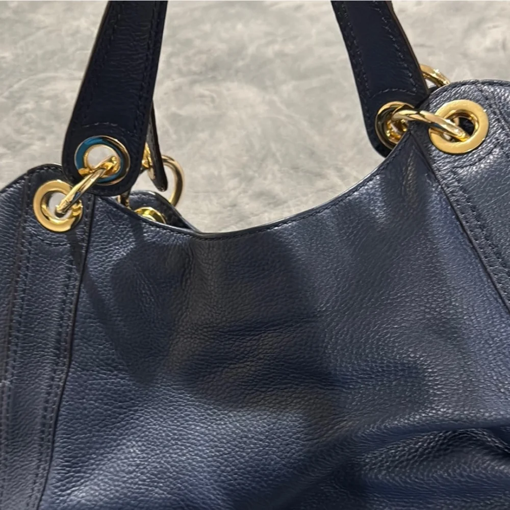 Michael Kors Navy Blue Shoulder Bag with Gold Accents